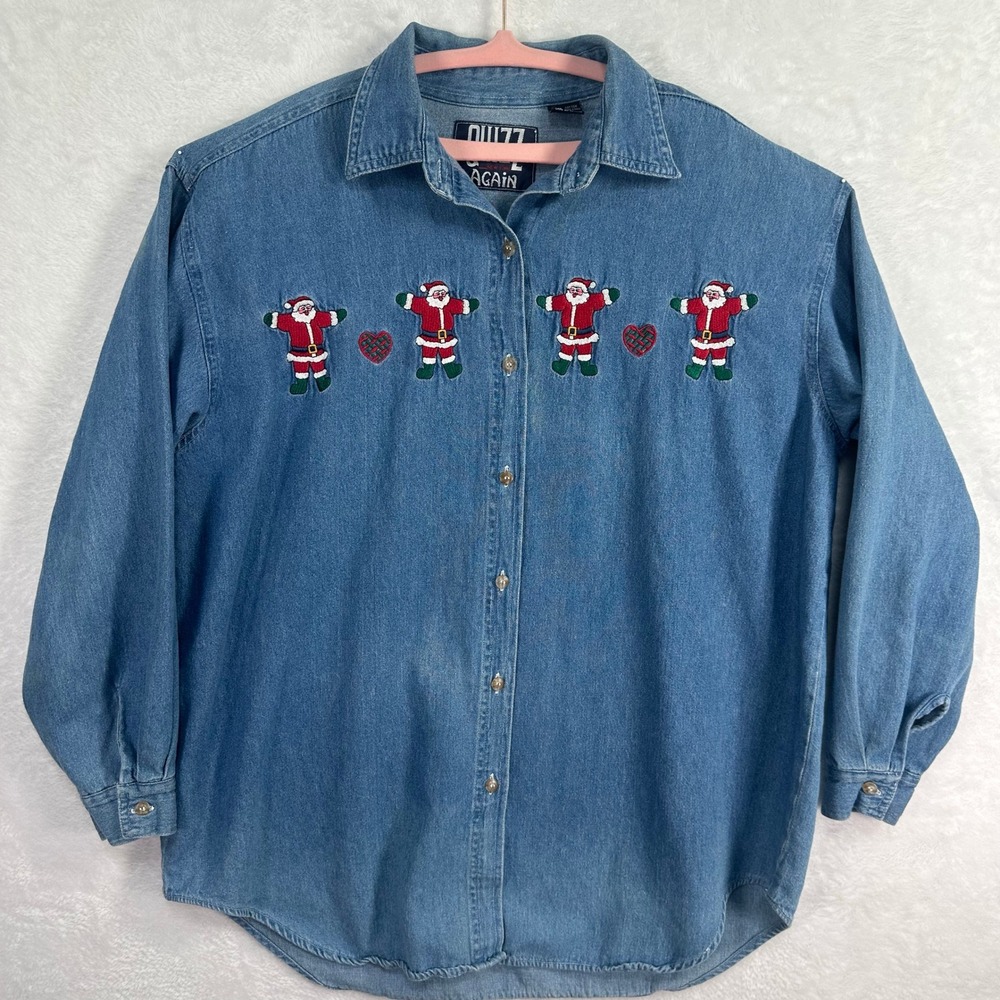 Santa Christmas Denim Long Sleeve Quizz Again Button Down Shirt Women Med Blue